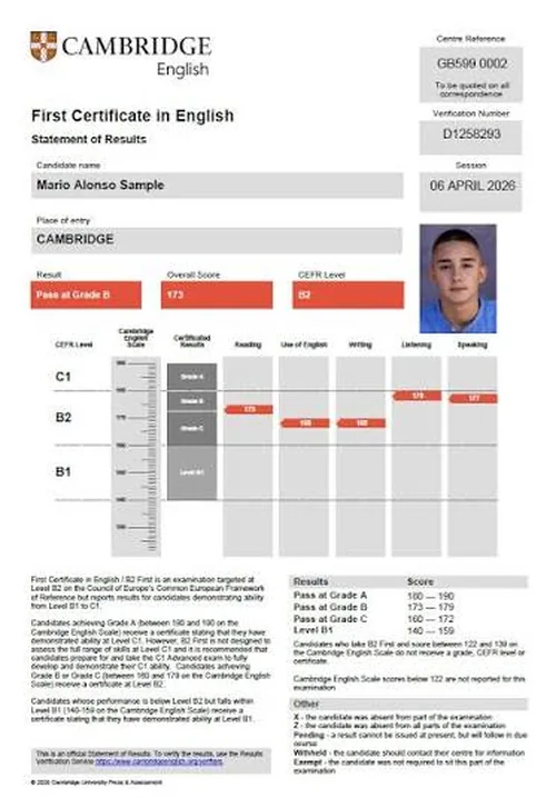 Vzor Cambridge Statement of Results